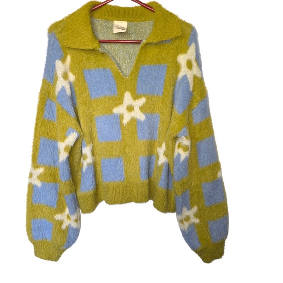 Artistic Works by Lu Sweaters - Artistic Works by Lu Womans Fuzzy Checkered Star Knit Sweater Green Blue Medium